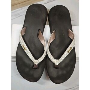 REEF Sz 8 Sandals Silver‎ Star Cushion Sassy Flip Flop Brown White Womens #582